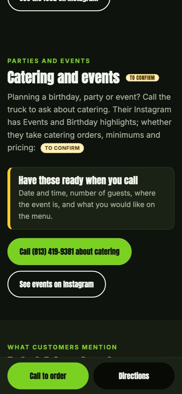 Phone screenshot of a sample street food website with a Call to order button