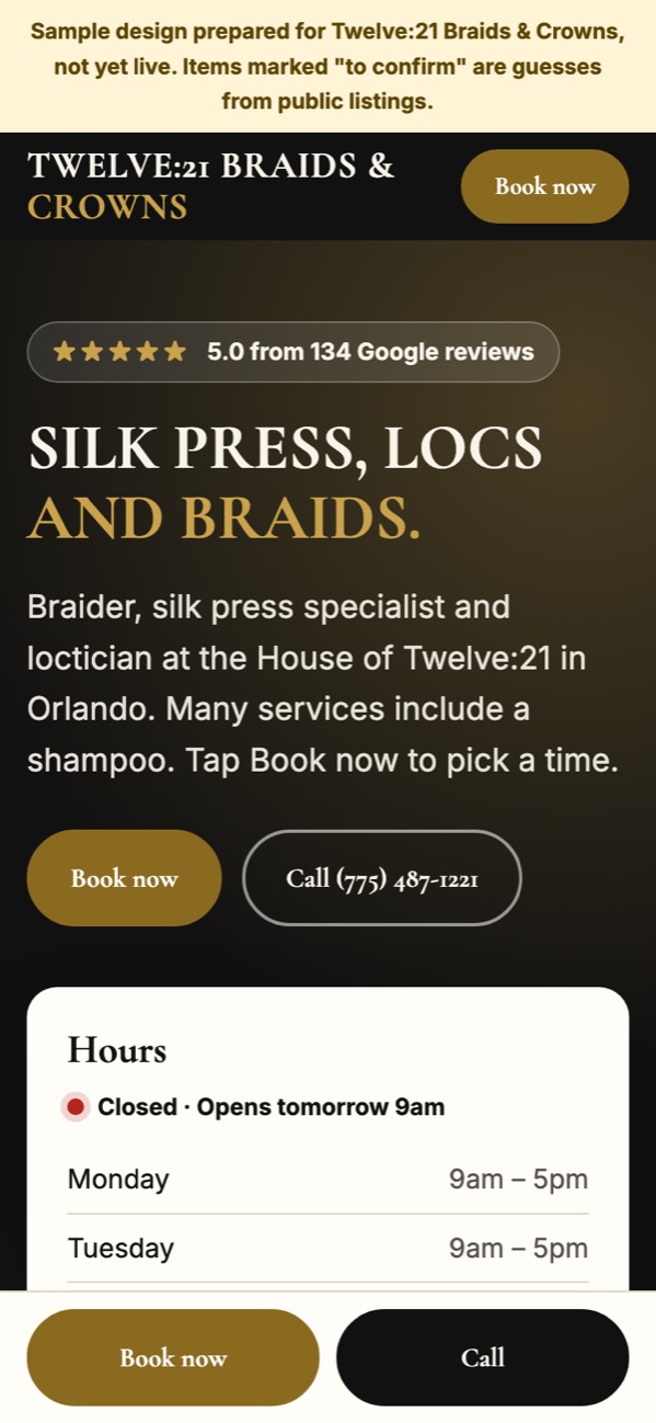 Phone screenshot of a sample braid and silk press salon website with a Book now button
